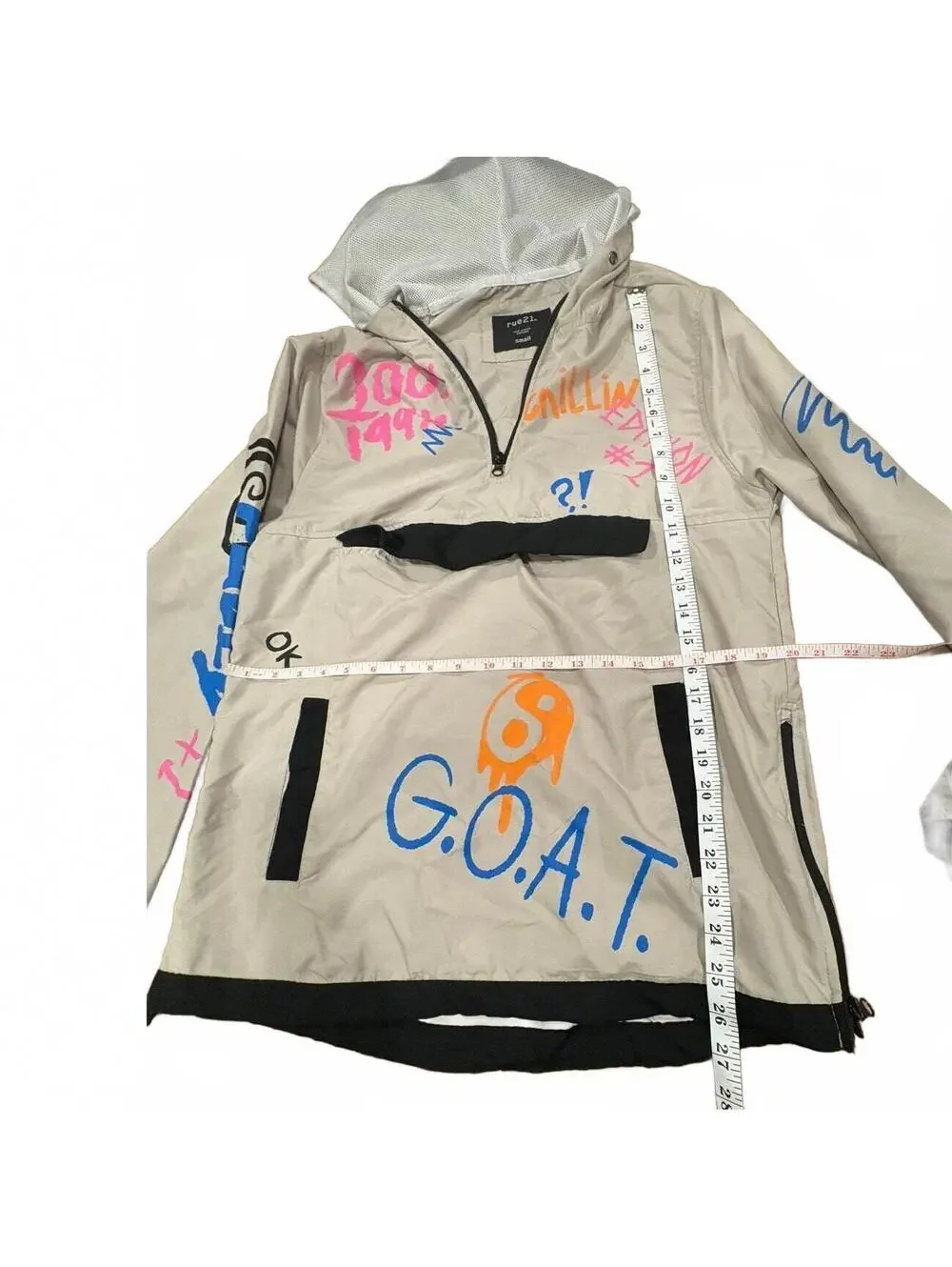 rue21 Cream Graffiti Print Half-Zip Hooded Windbreaker Jacket-340